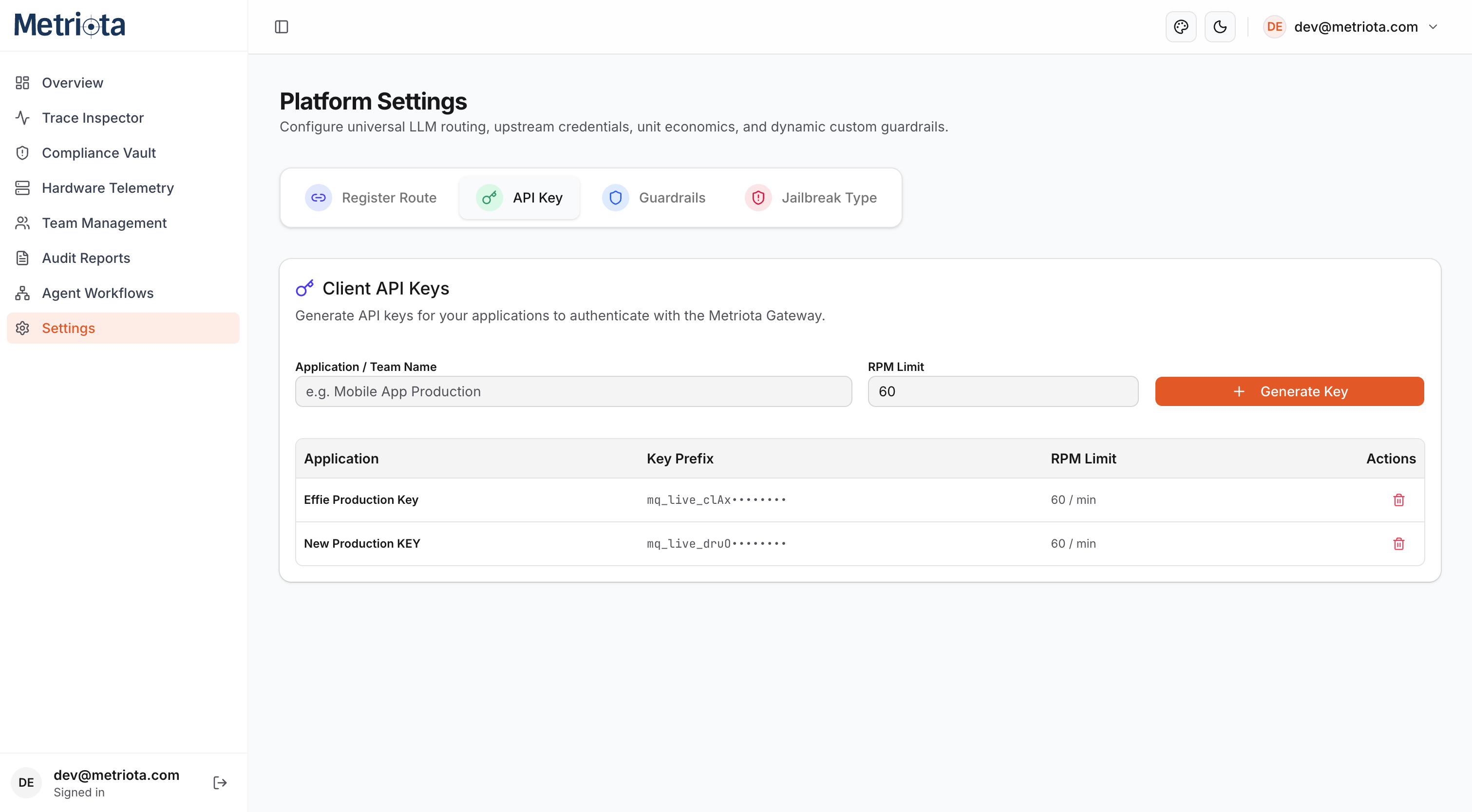 Issuing a client API key in Settings