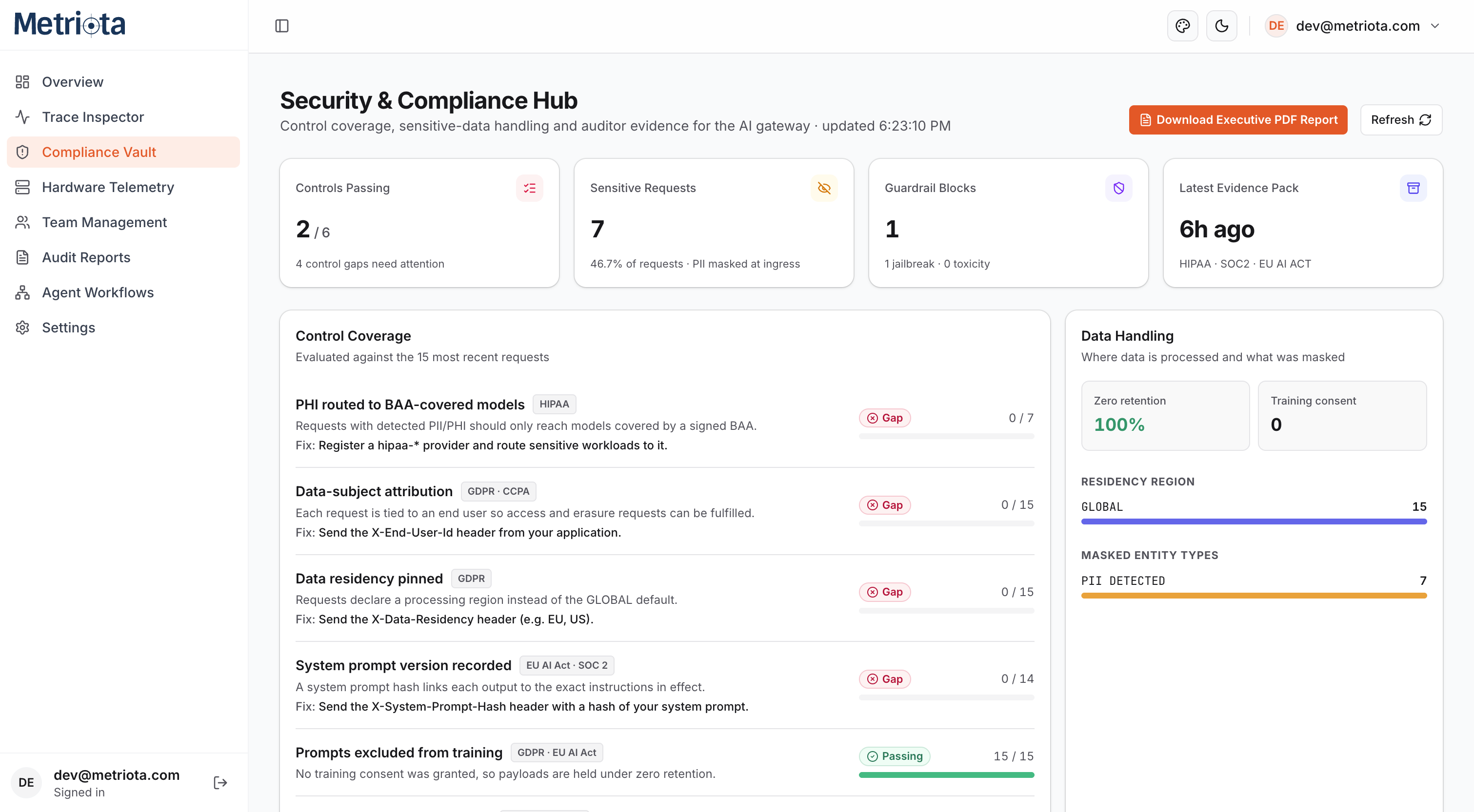 Security & Compliance Hub showing control coverage and data handling