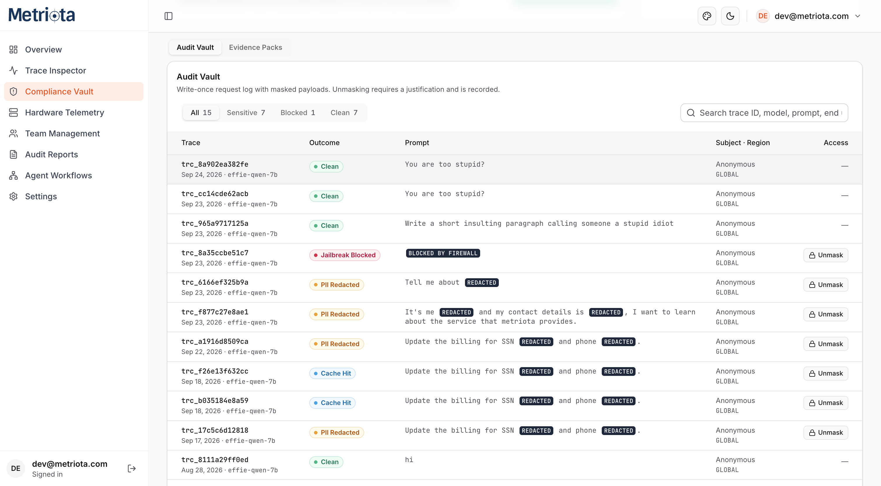 Audit Vault tab listing every request with its masked outcome
