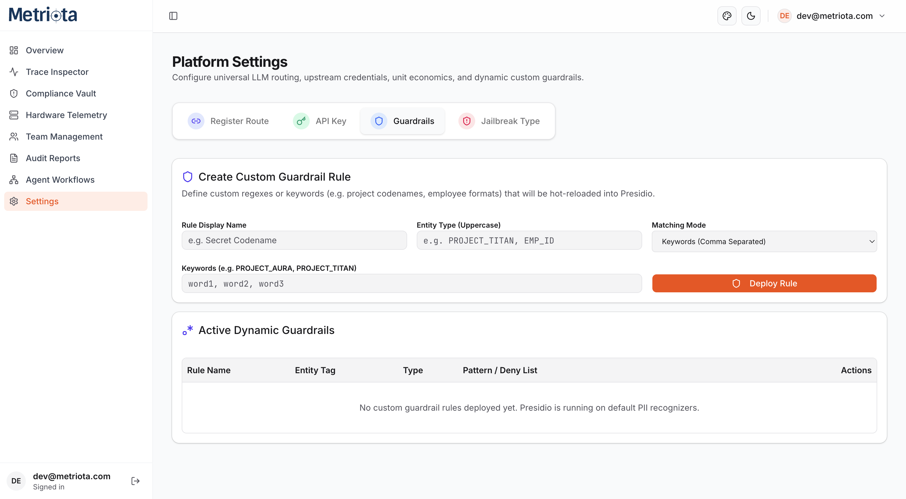 Active guardrail rules and custom rule form in Settings