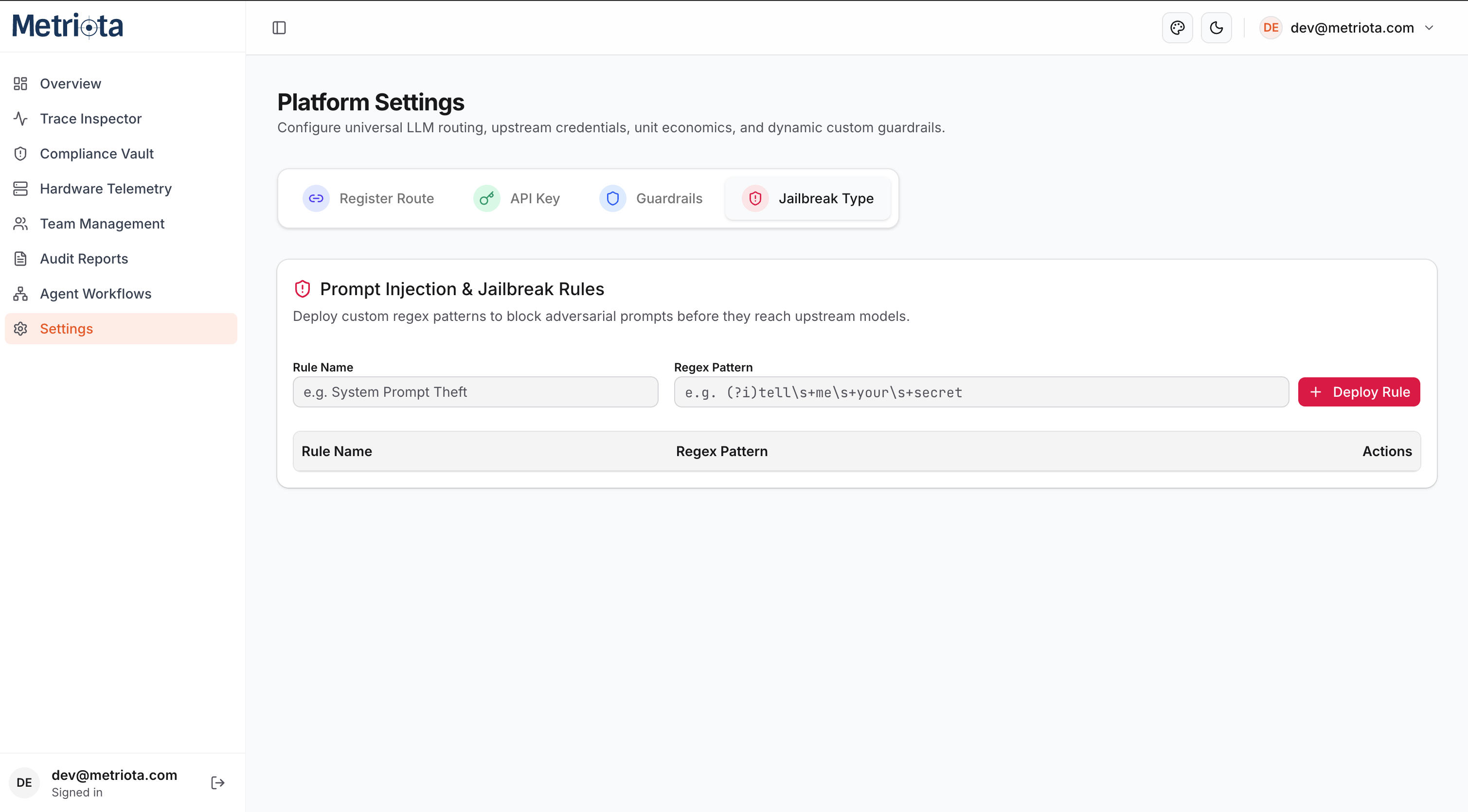 Jailbreak and prompt-injection rule form in Settings