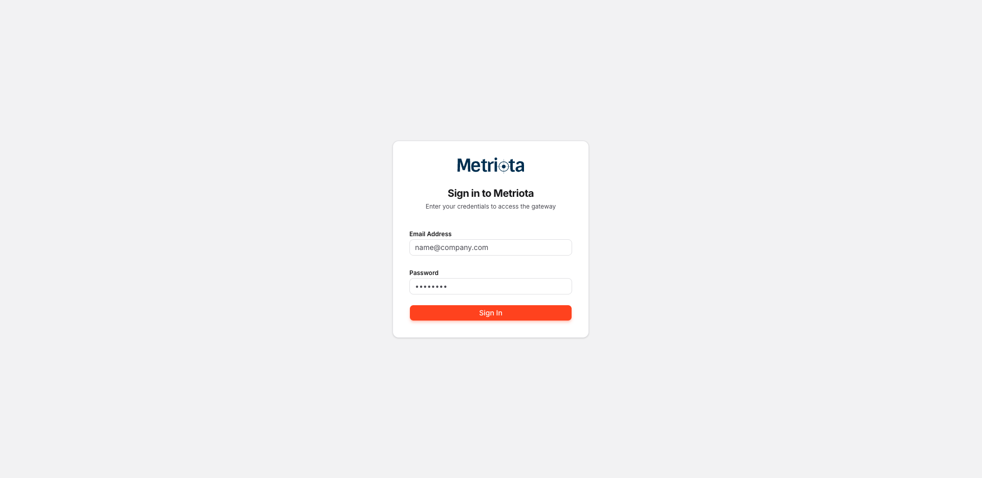 Metriota sign-in screen