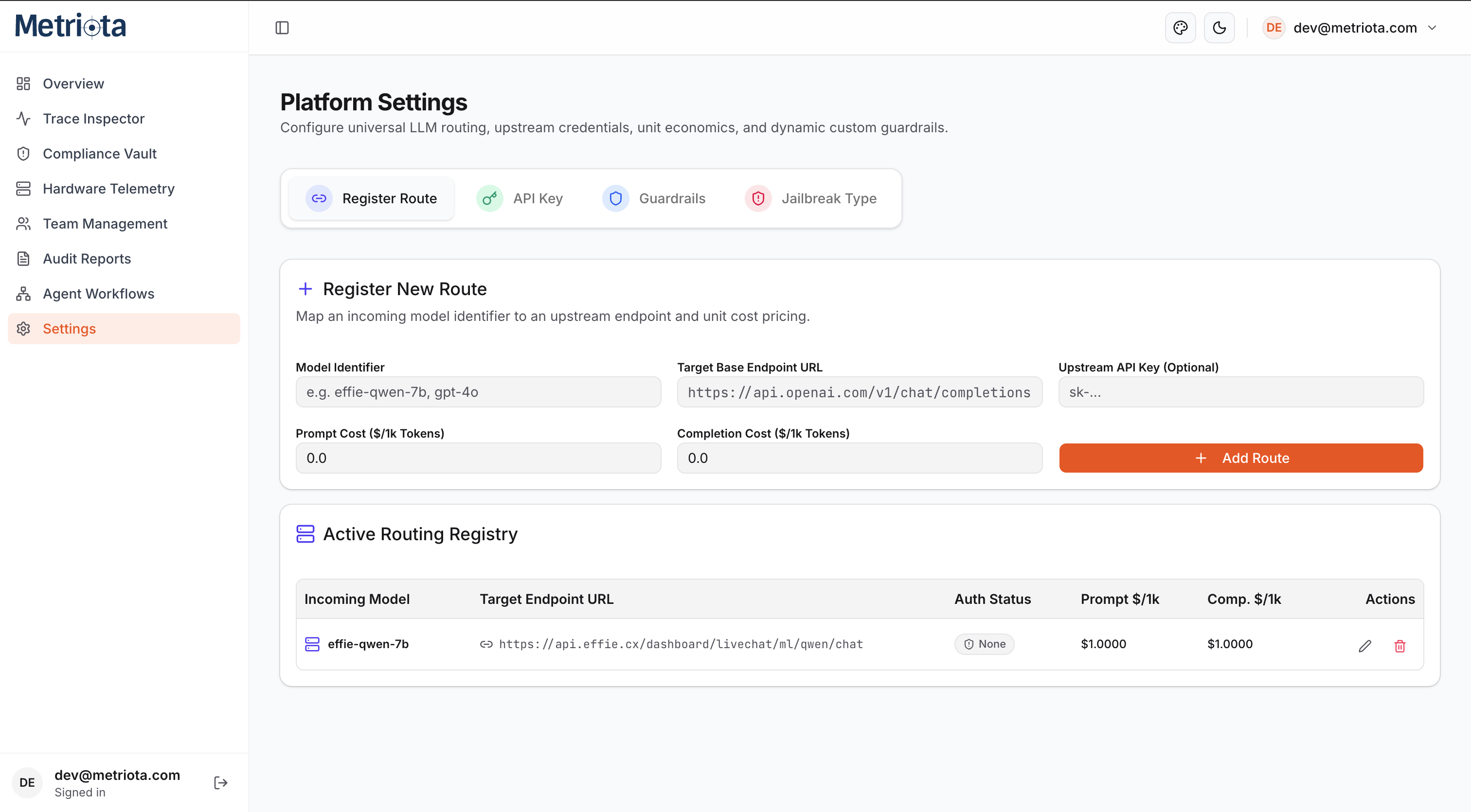 Registering a new route and viewing the active routing registry in Settings