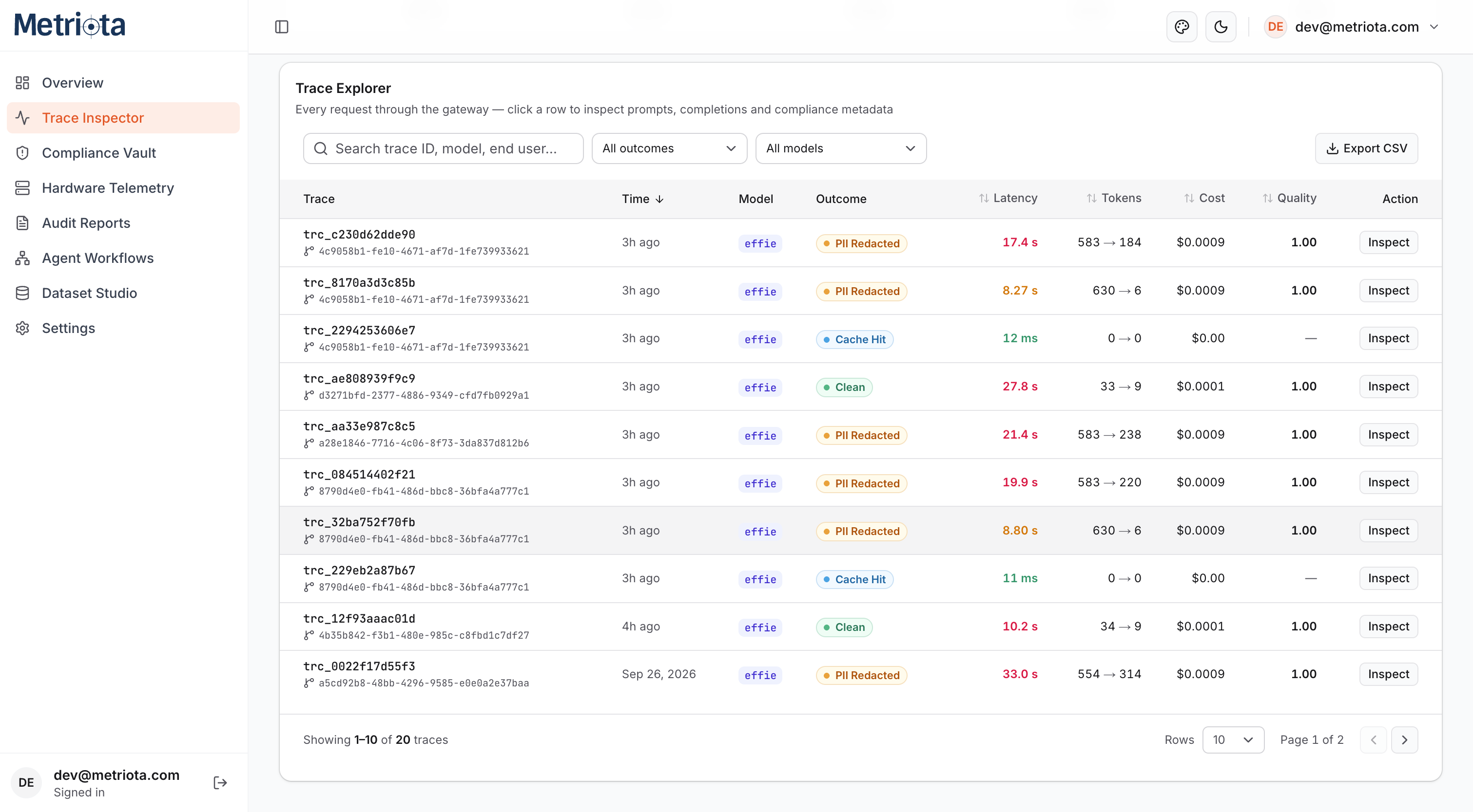 Trace Explorer searchable table of individual requests